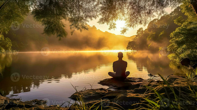 36120150-ai-generiert-heiter-szene-wo-ein-person-ist-meditieren-durch-ein-still-see-beim-sonnenaufgang-mit-sanft-nebel-schweben-uber-das-wasser-und-uppig-baume-rahmung-das-friedlich-rahmen-foto A man doing yoga in front of a calm lake