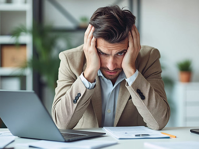 A man seems worried in his offce wth a laptop