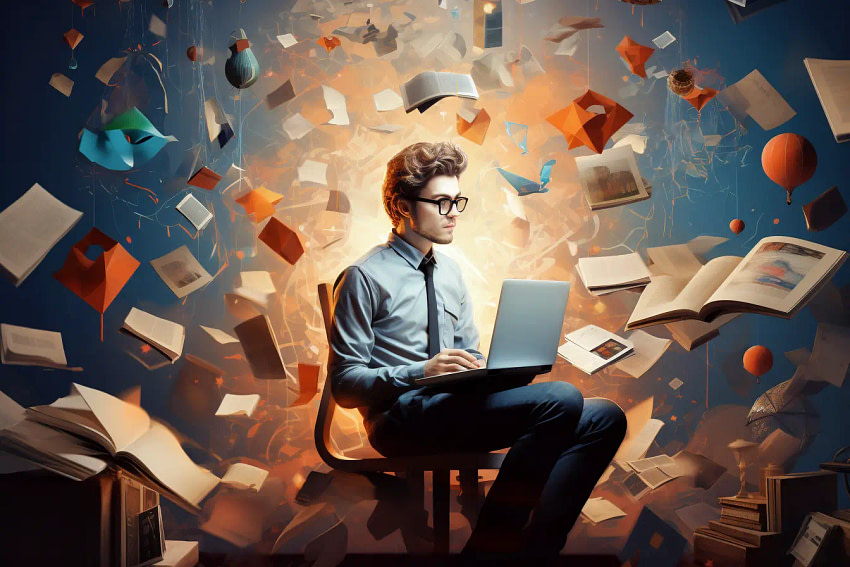 5-Life-Changing-Habits-to-Achieve-Success-Winning-Habits Illustration of a man sitting in a chair with laptop and lots of books around him
