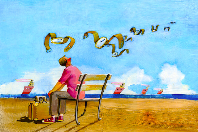 Time-flying-away Illustrations of a man sitting on a bench seeing time (watch) flying away